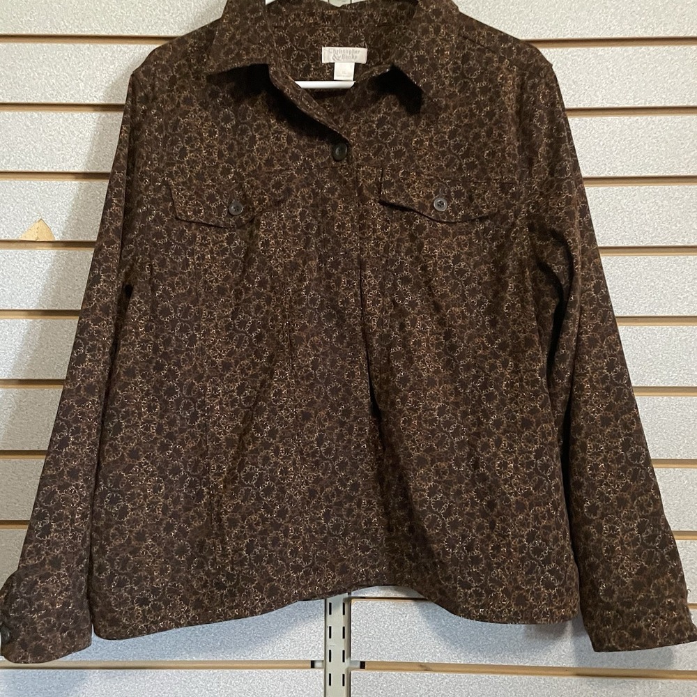 Christopher & Banks Long Sleeve Button Down Shirt Blouse Jacket XL Brown‎ Floral